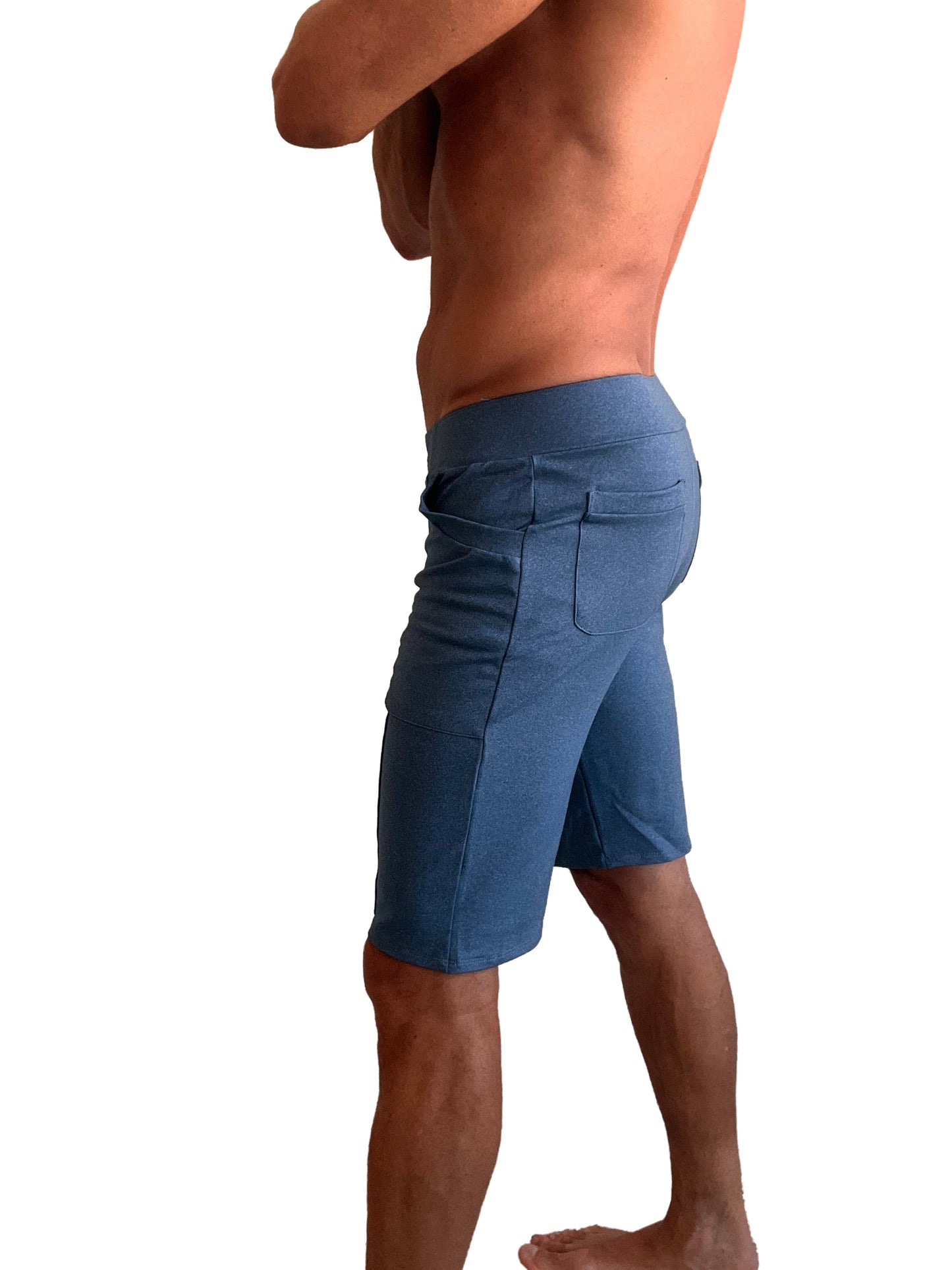 Performance premium urban tactical dress shorts in coral blue heather with elastic waistband and multiple pockets