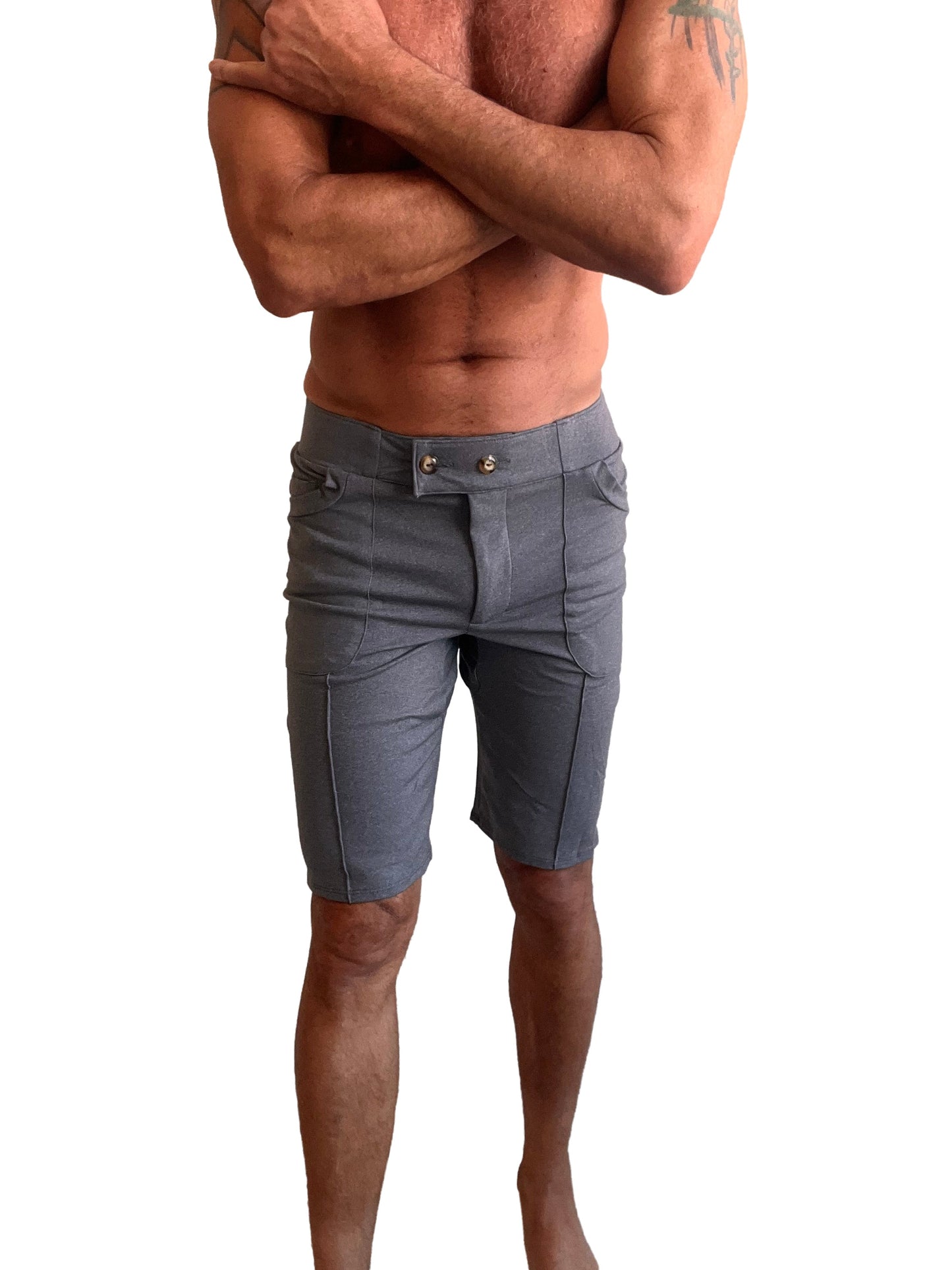 Performance premium urban tactical dress shorts in dark heather grey denim with buttoned waistband and multiple pockets
