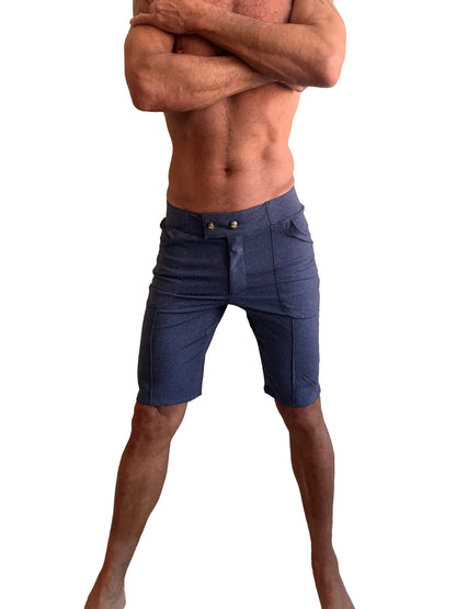 Dark blue denim performance premium urban tactical dress shorts with tailored fit and buttoned waistband