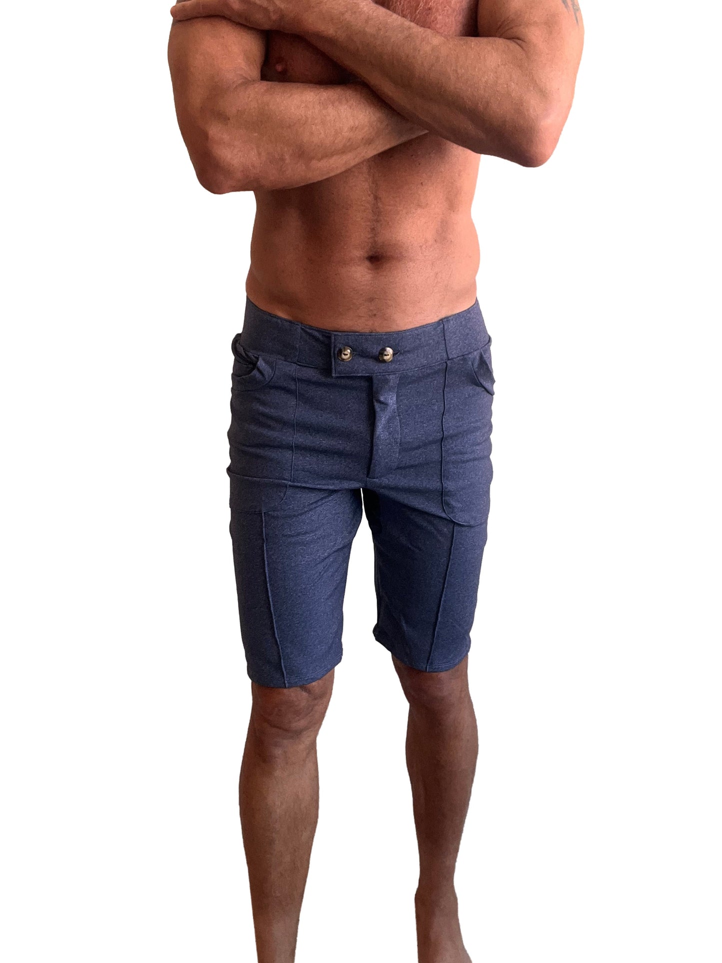 Navy blue heather performance premium urban tactical dress shorts with two front pockets and silver button closures