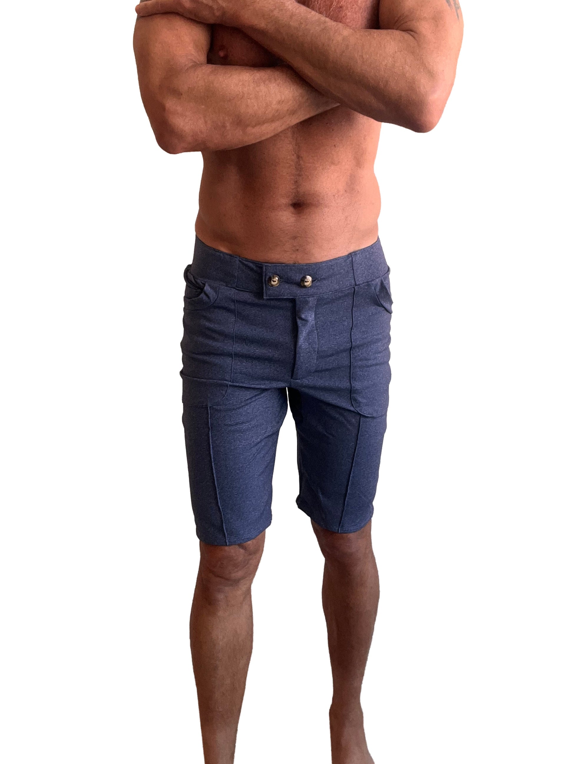 Navy blue heather performance premium urban tactical dress shorts with two front pockets and silver button closures