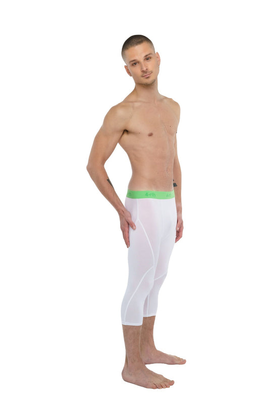 Performance yoga leggings 3/4 in arctic white with a bright green elastic waistband for active wear