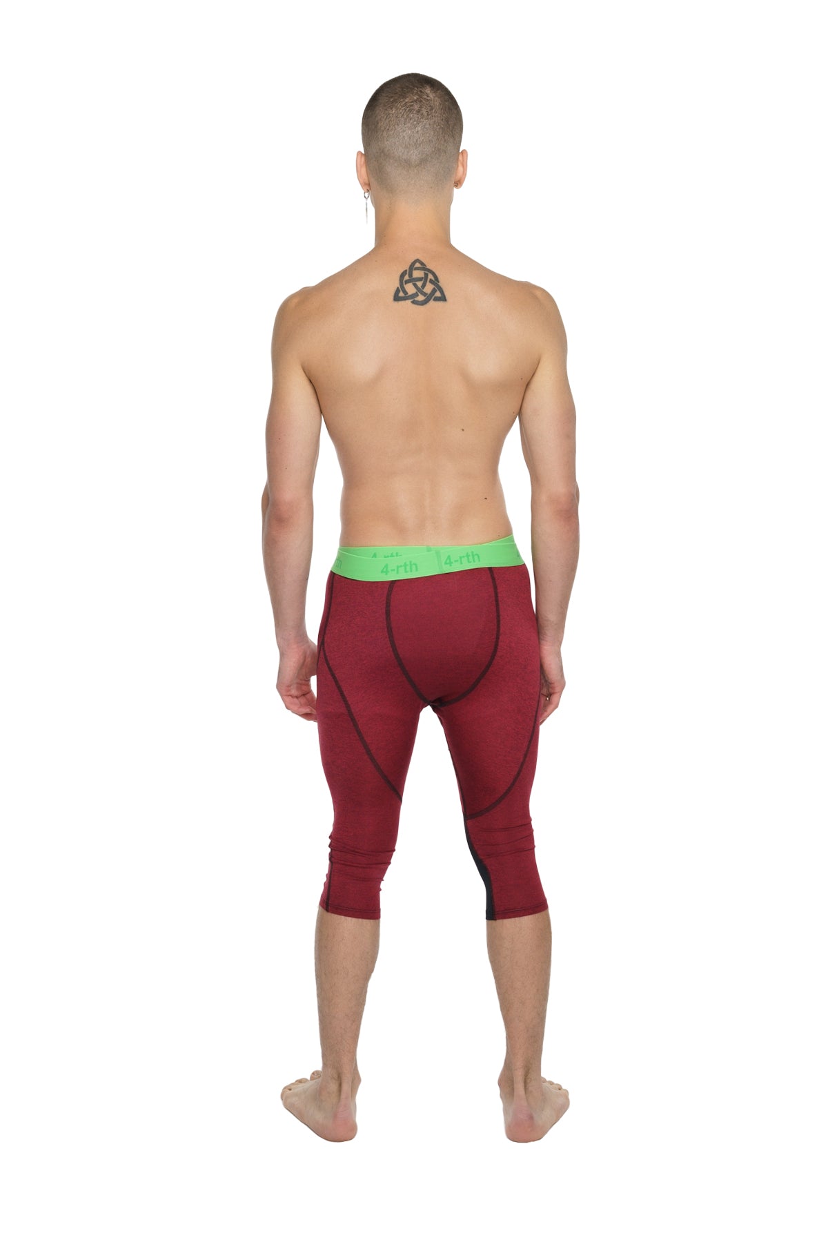 Performance yoga leggings 3/4 in brick red heather with maroon compression fabric and bright green waistband
