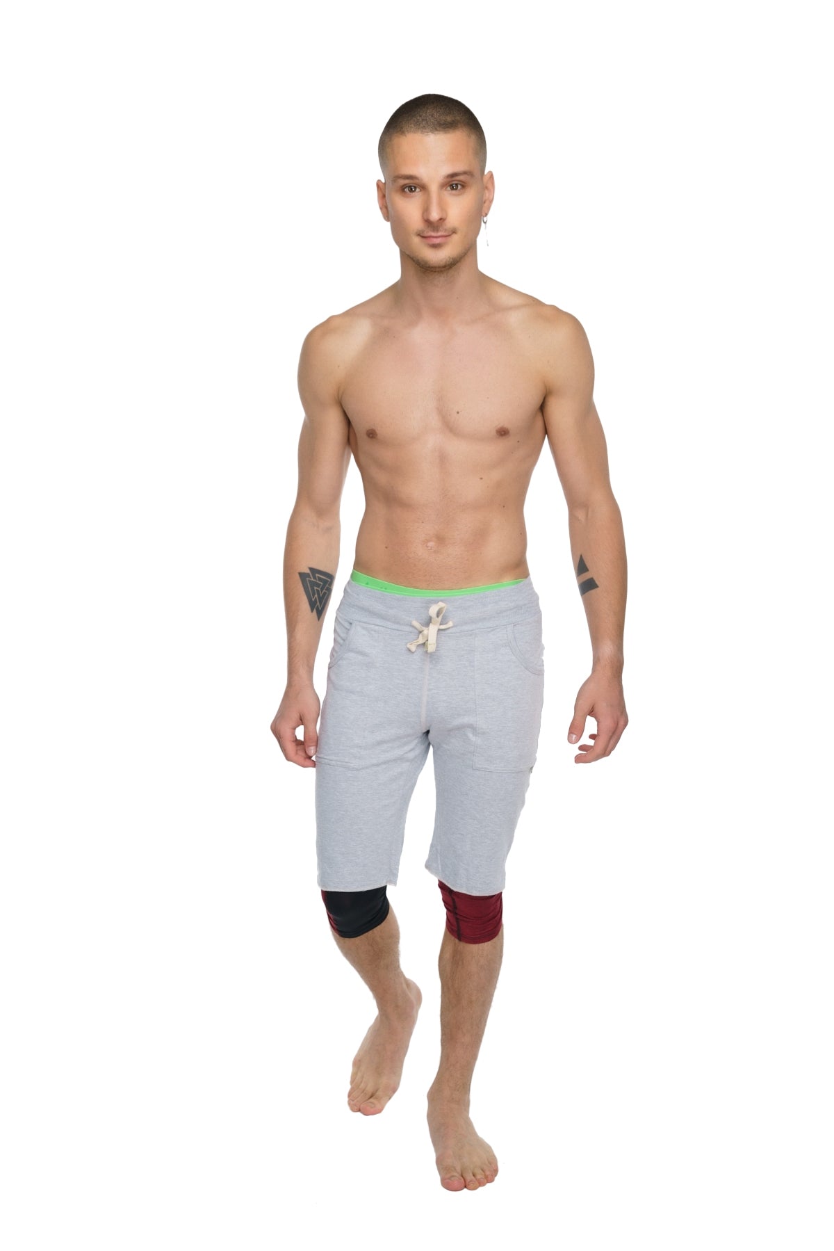 Performance yoga leggings 3/4 in brick red heather with light gray shorts featuring neon green waistband and knee patches
