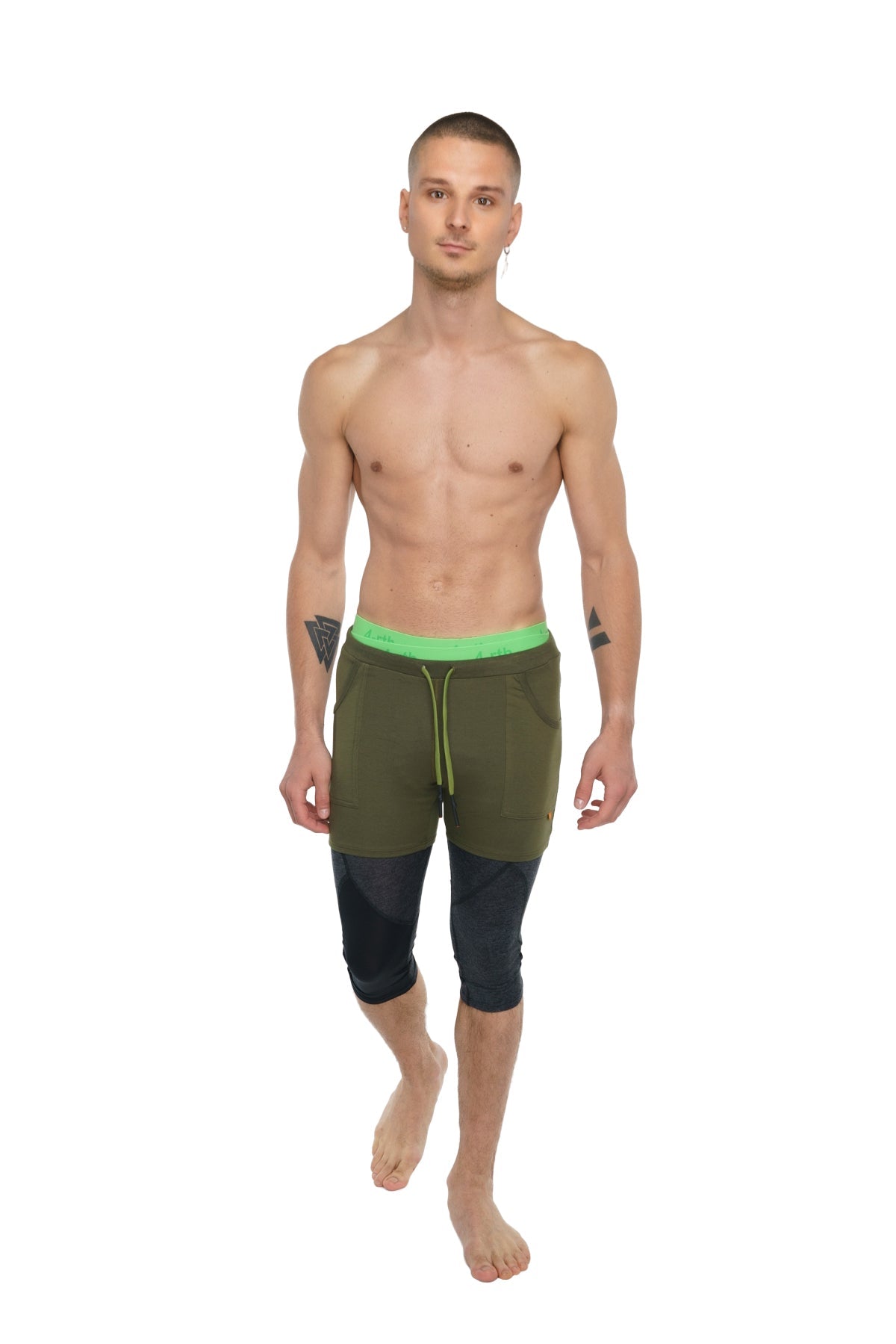 Performance yoga leggings 3/4 in charcoal heather with olive green and black shorts and neon green drawstring waistband