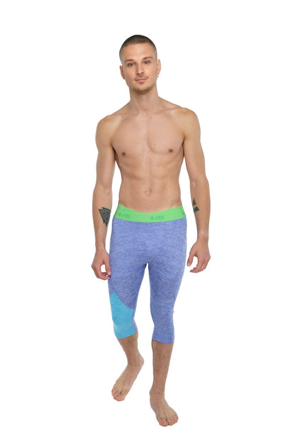 Performance yoga leggings 3/4 in blue and teal gradient with bright green waistband designed for active use