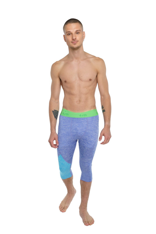 Performance yoga leggings 3/4 in blue and teal gradient with bright green waistband designed for active use