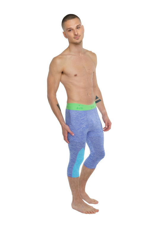 Performance yoga leggings 3/4 in blue and teal pattern with bright green waistband for athletic use