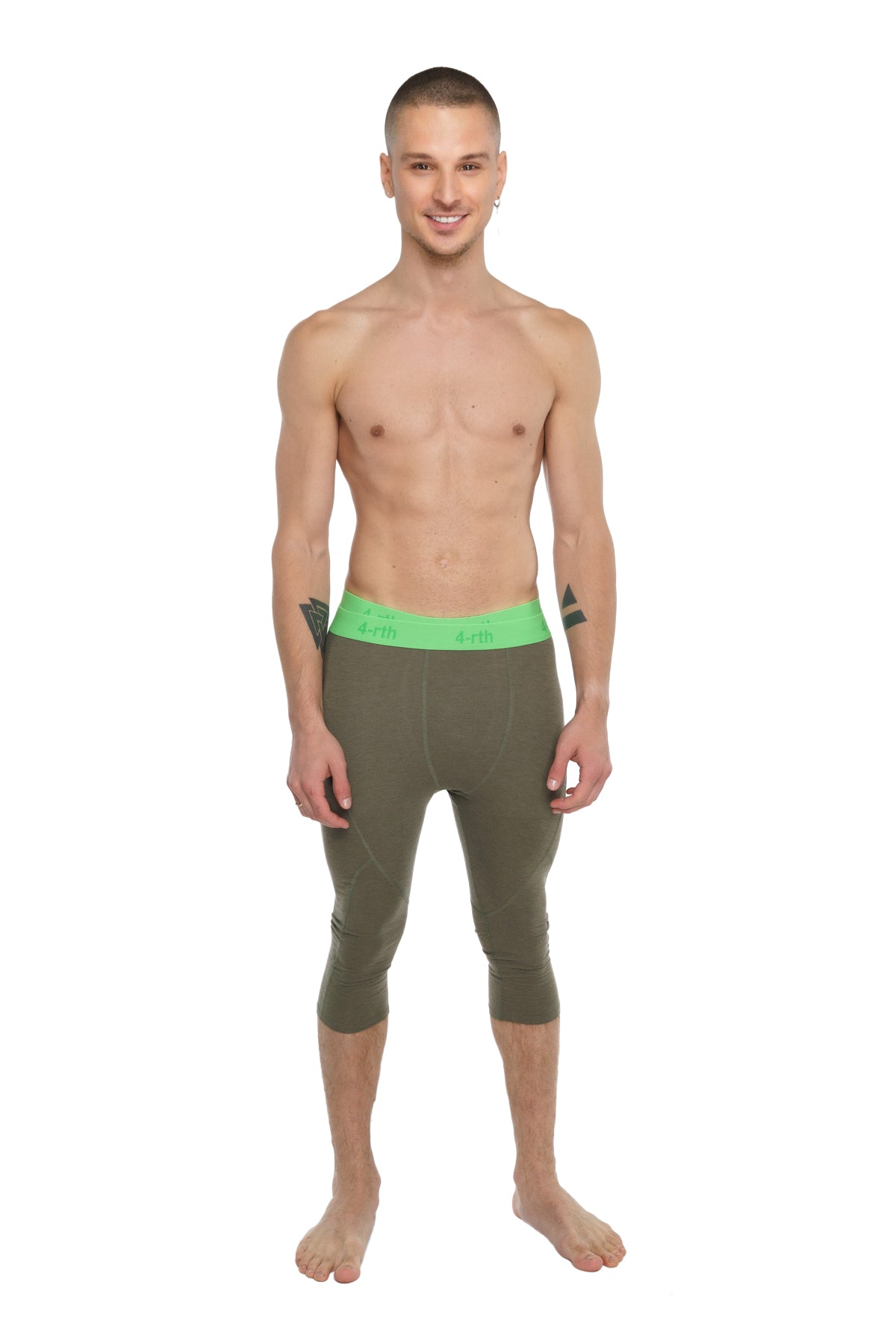 Olive green capri-length performance yoga leggings with neon green calvin klein waistband for activewear