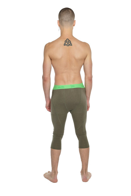 Performance yoga leggings 3/4 in olive green with neon green waistband for comfort and style during workouts