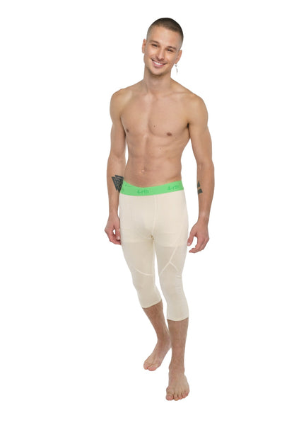Performance yoga leggings 3/4 in sand beige with cream compression capri fabric and bright green waistband