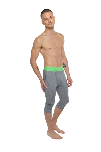 Performance yoga leggings 3/4 in steel heather with bright green waistband made for comfort and flexibility