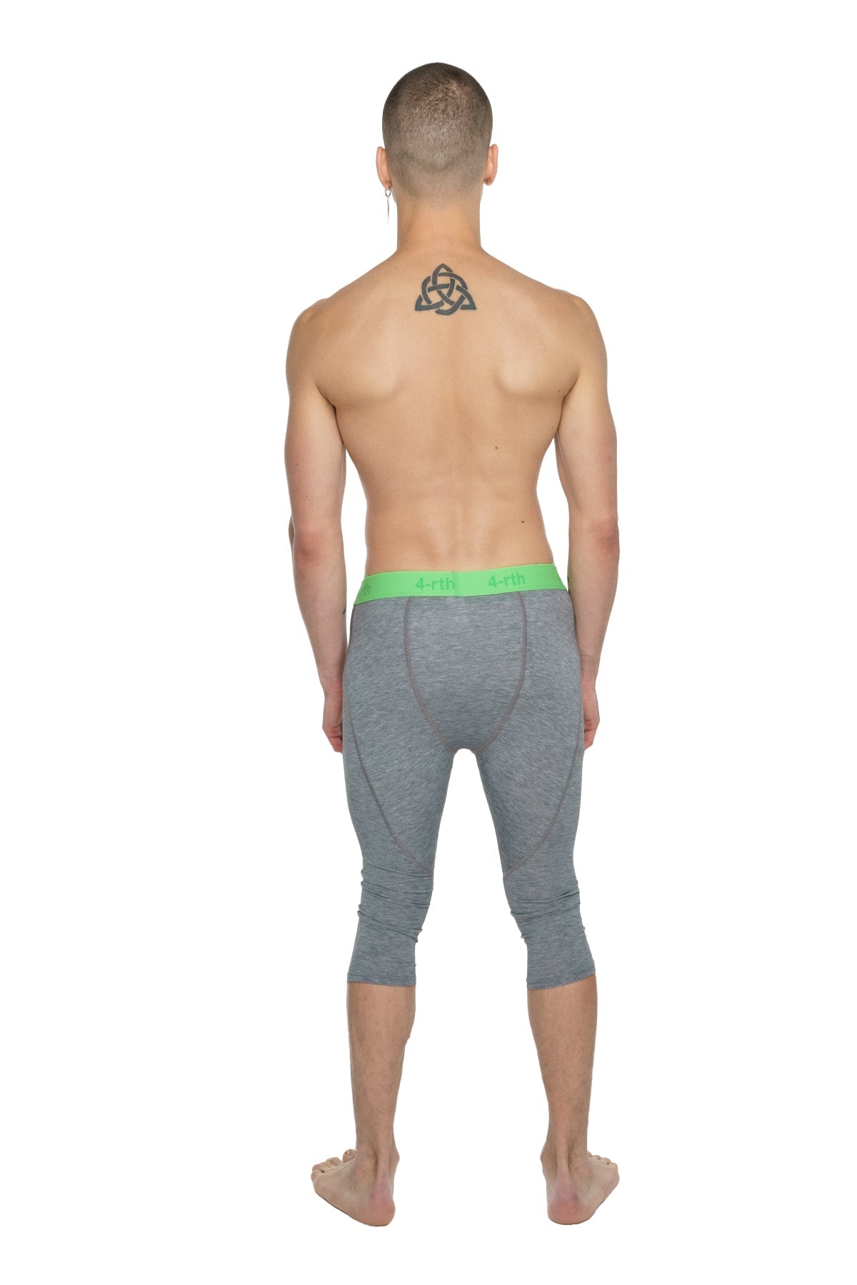 Gray heathered performance yoga leggings 3/4 length with a bright green waistband for active wear