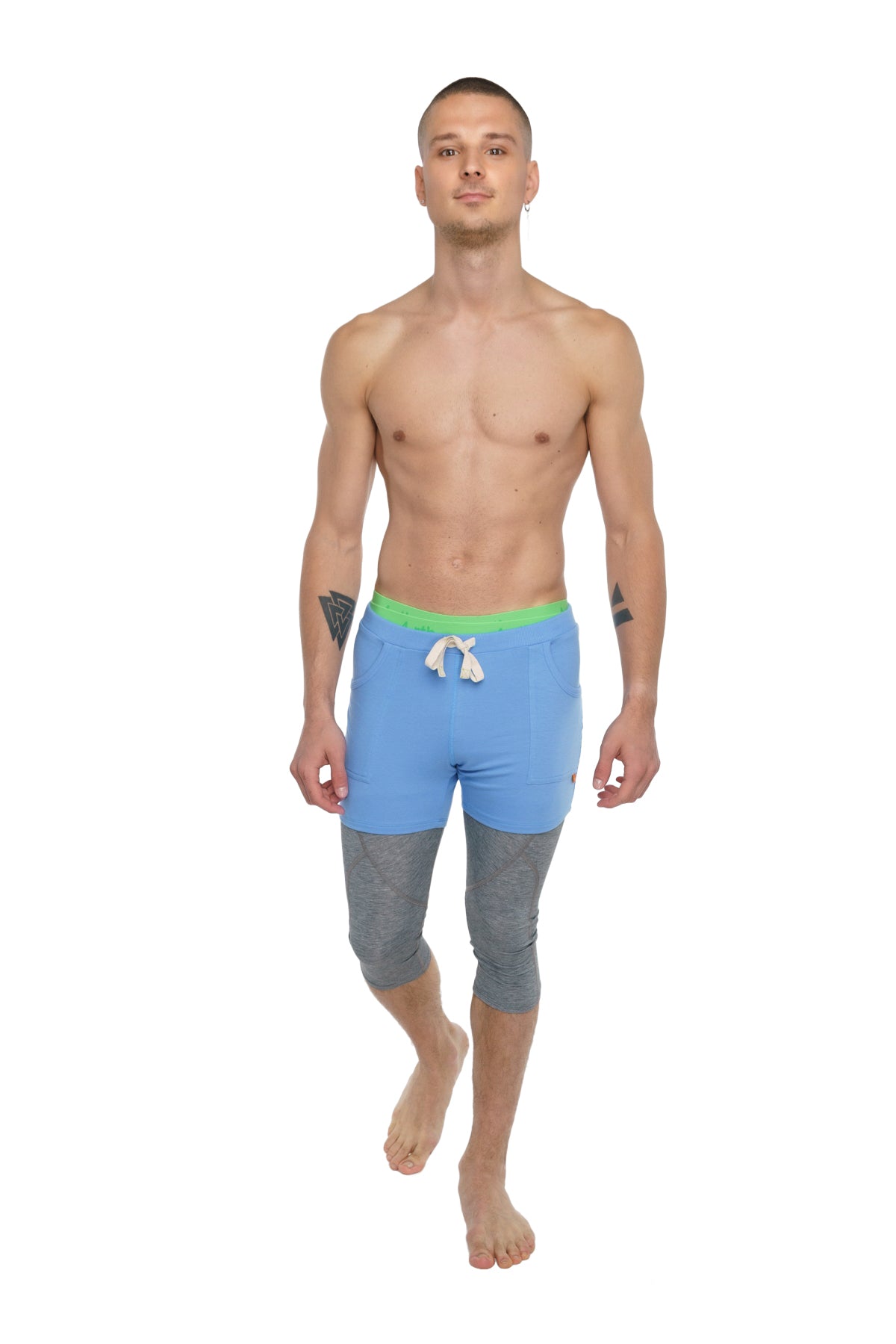 Performance yoga leggings 3/4 steel heather with blue and gray two-tone swim trunks lime green waistband and white drawstring