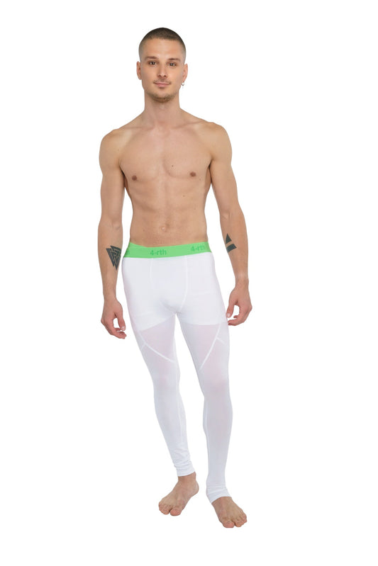White performance yoga leggings with bright green waistband designed for long use and athletic performance