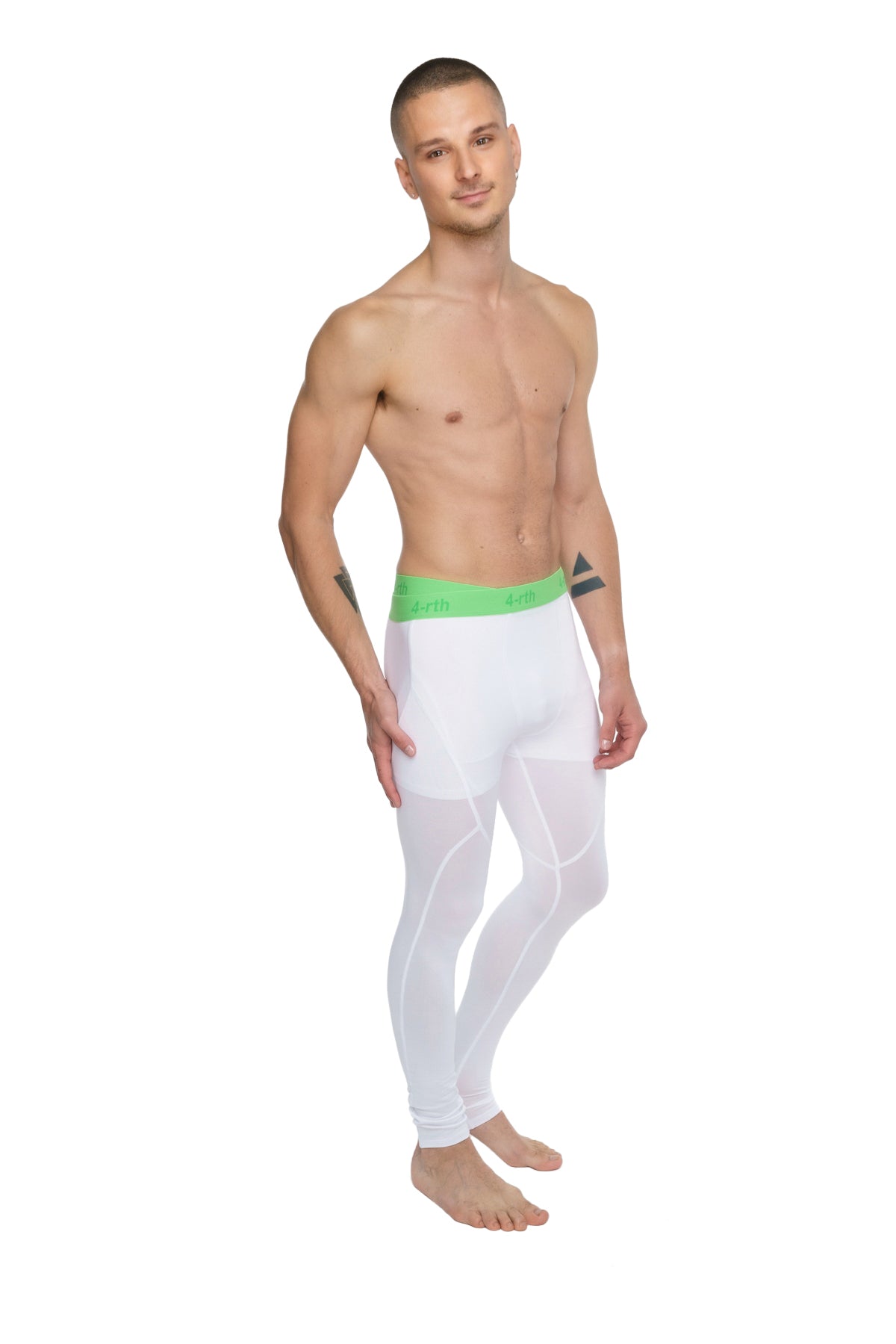 White performance yoga leggings long with bright green waistband designed for athletic use