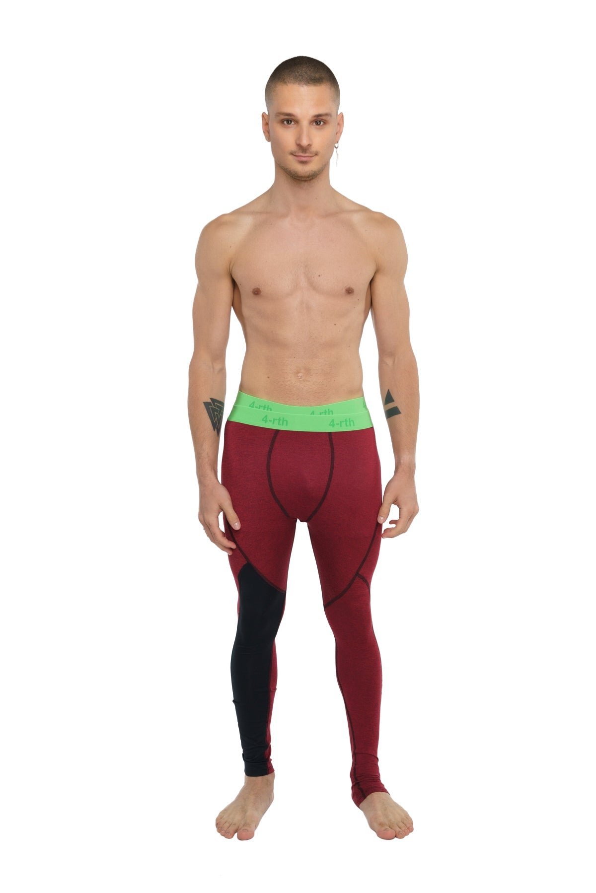 Performance yoga leggings long in brick red heather maroon and black with bright green waistband for athletic use
