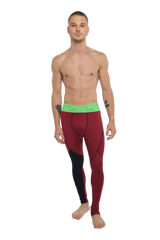 Performance yoga leggings long in brick red heather with red and black fabric and a bright green waistband