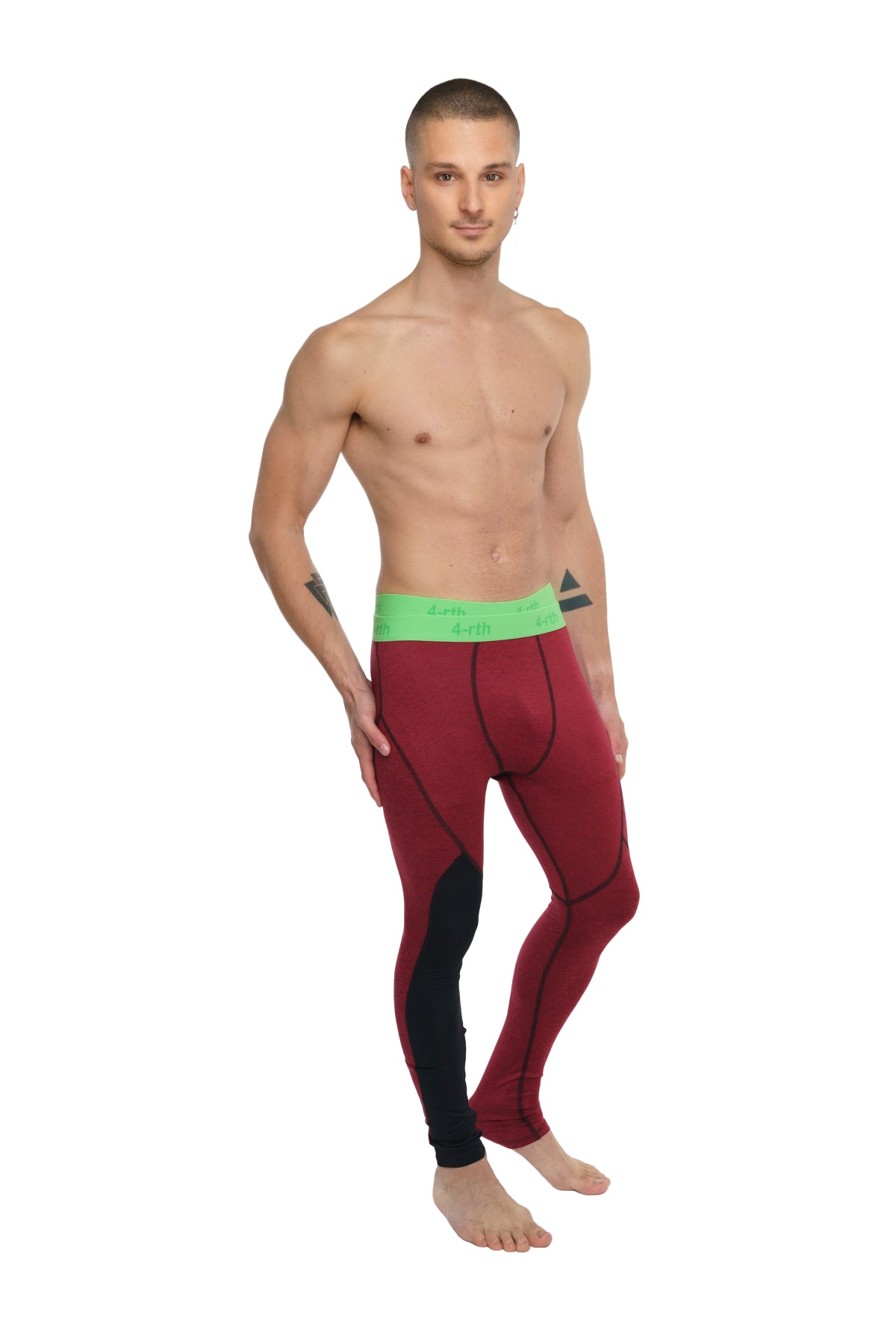 Performance yoga leggings long in brick red heather with red and black fabric and bright green waistband for athletic use