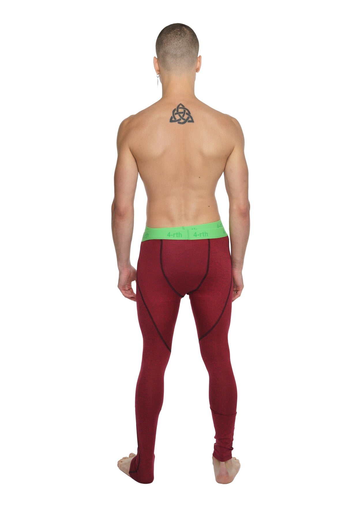 Maroon performance yoga leggings with a bright green waistband designed for long-lasting comfort and support