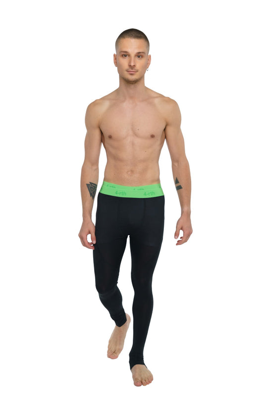 Performance yoga leggings long in carbon black with a bright green waistband designed for active wear