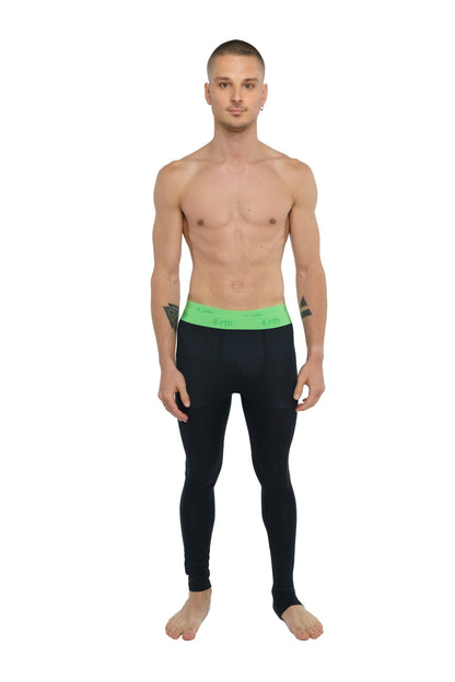 Black calvin klein performance yoga leggings long in carbon black with bright green waistband visible from front side