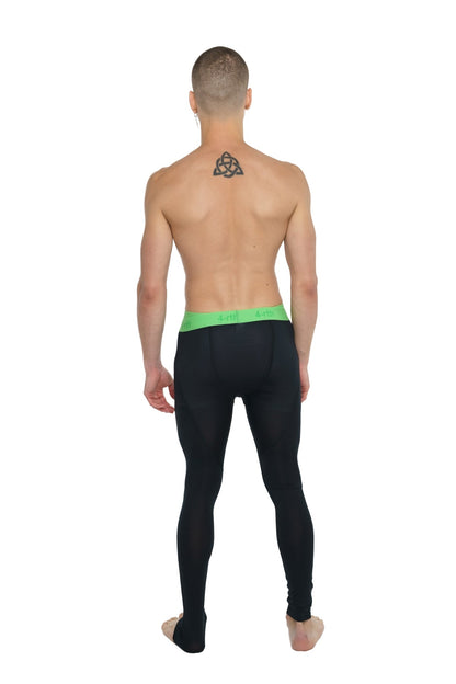 Performance yoga leggings long in carbon black with bright green waistband designed for compression and flexibility