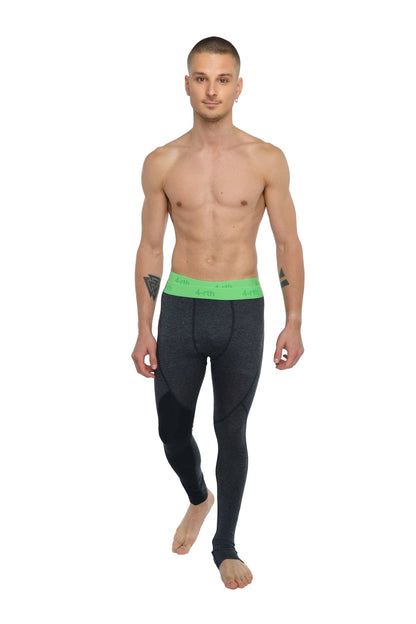 Performance yoga leggings long charcoal heather in black compression fabric with bright green waistband and 4-7 branding