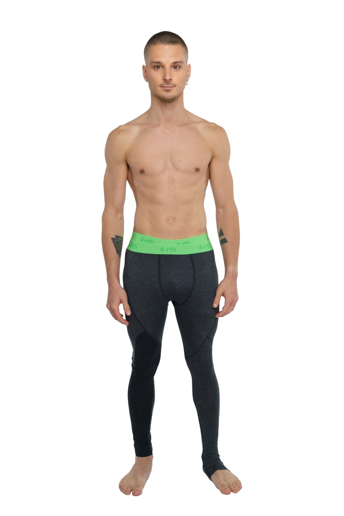 Performance yoga leggings long charcoal heather in black with bright green waistband and white text front view