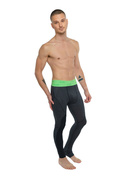Performance yoga leggings long charcoal heather with black compression fabric and bright green waistband with white logos
