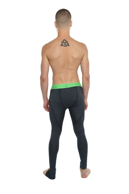 Performance yoga leggings long charcoal heather black compression leggings with bright green waistband front view