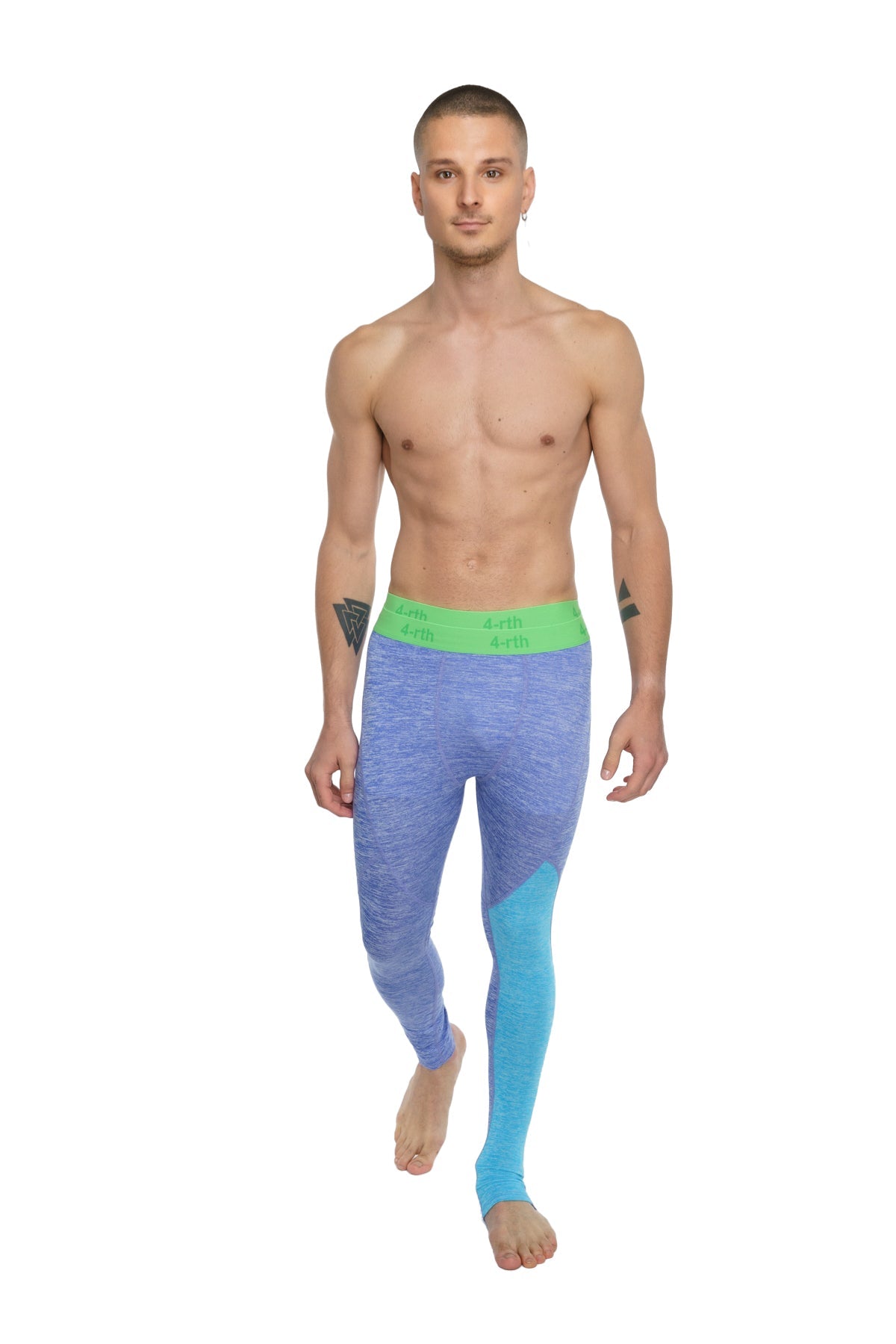 Performance Yoga Leggings long in a blue and turquoise gradient with a bright green waistband for athletic use