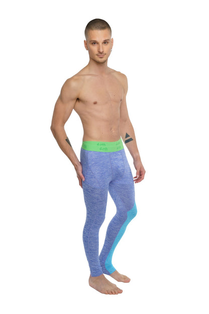 Performance yoga leggings long lavender heather in blue and teal textured fabric with a bright green waistband