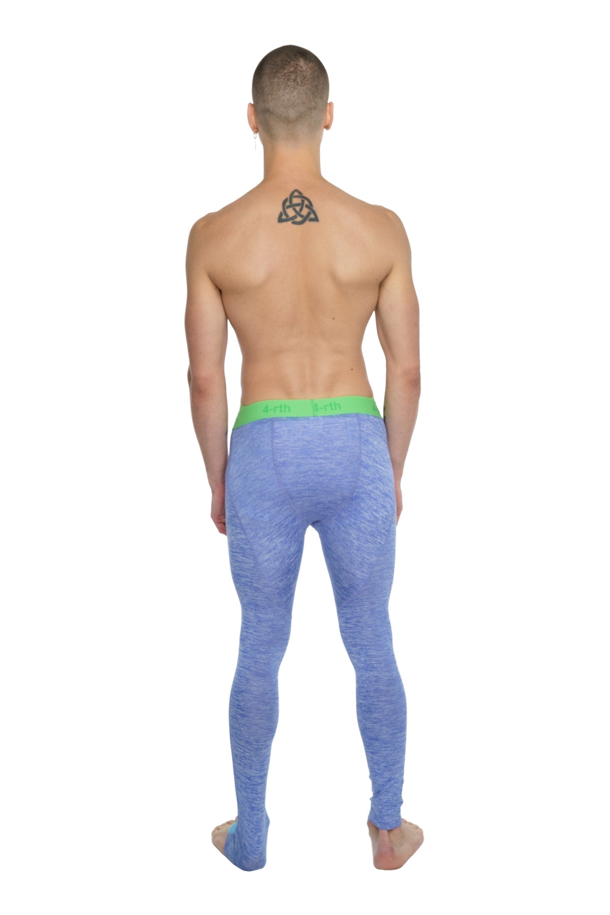 Performance yoga leggings long in blue textured fabric with a bright green waistband for enhanced comfort