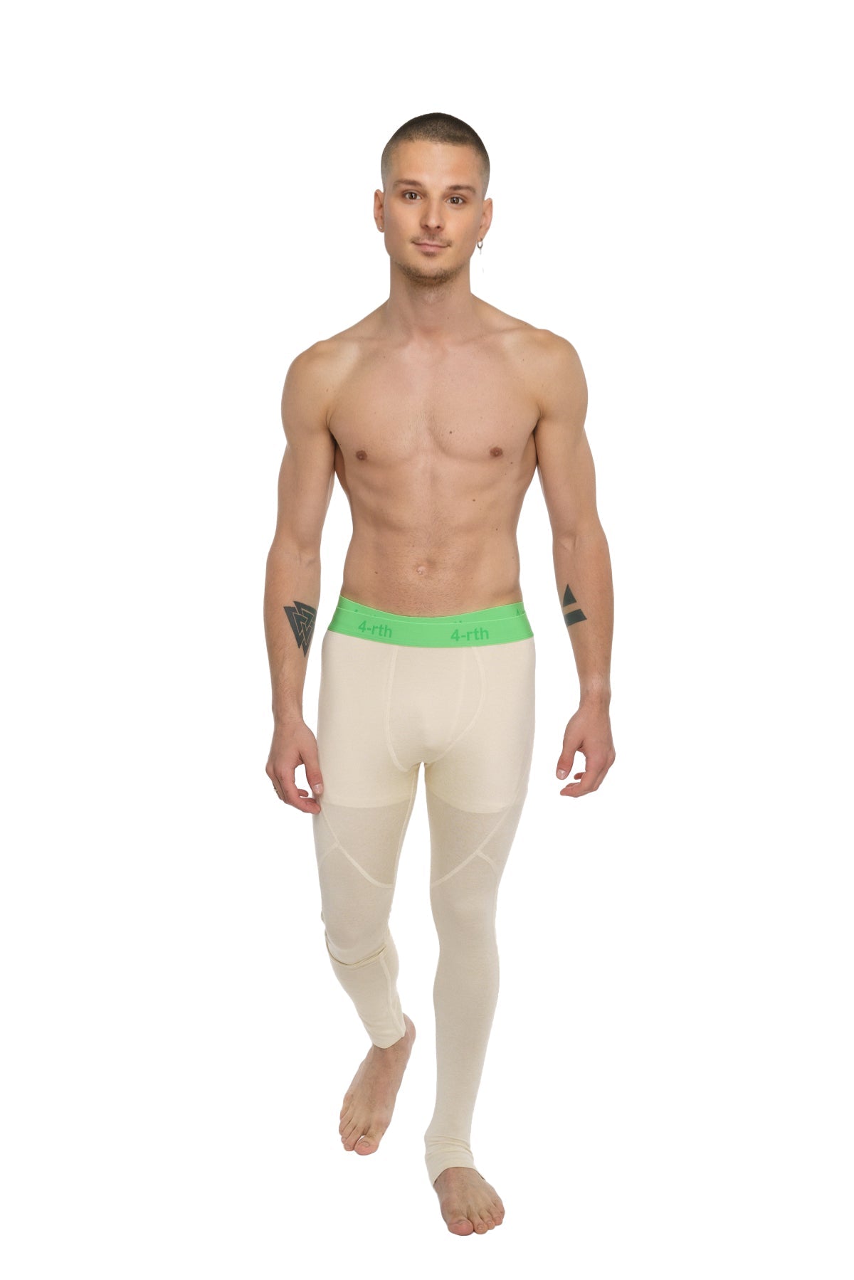 Cream-colored performance yoga leggings with a bright green jordi waistband in long sand beige style