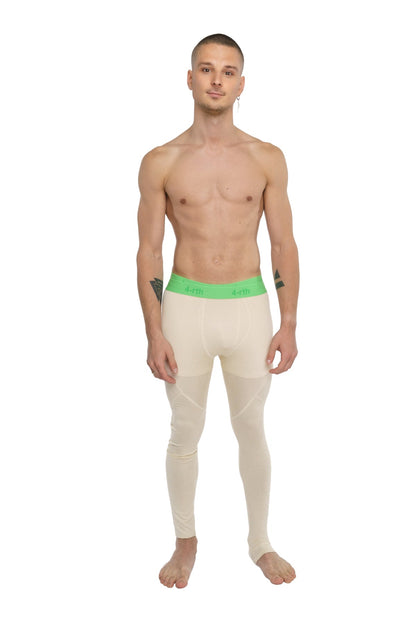 Cream-colored performance yoga leggings with a bright green calvin klein waistband in sand beige long style