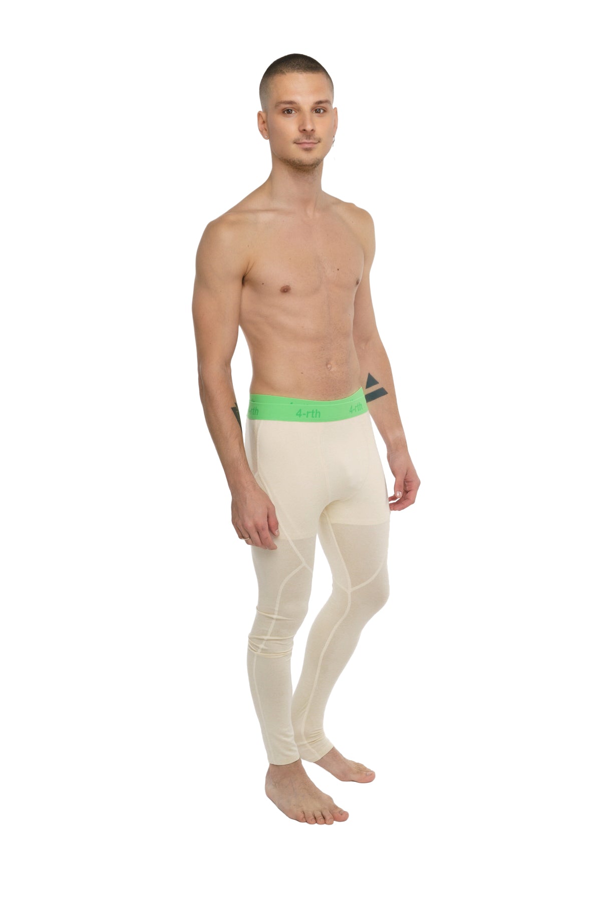 Performance yoga leggings long in sand beige with cream color and bright green waistband featuring brand logo