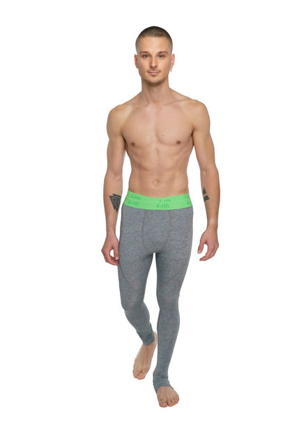 Gray merino wool performance yoga leggings with a bright green waistband in steel heather color