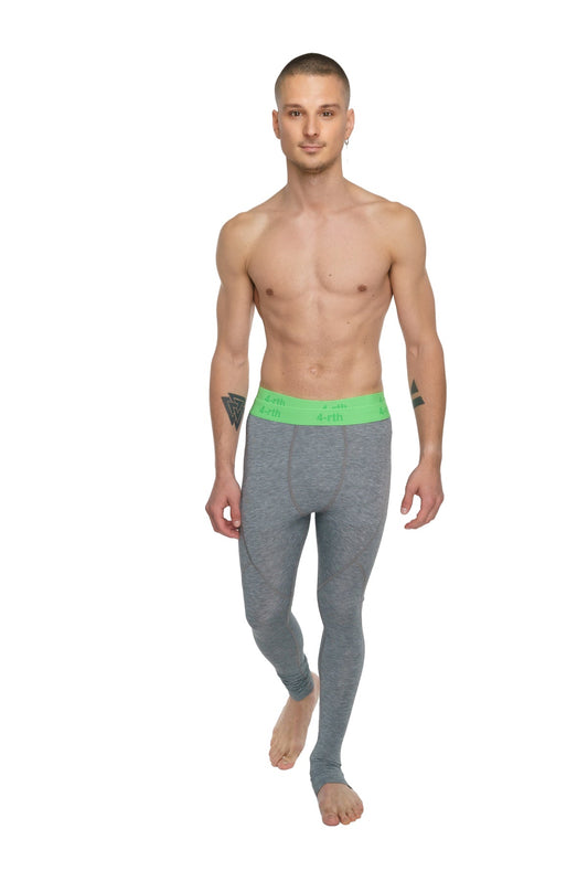 Gray merino wool performance yoga leggings with a bright green waistband in steel heather color