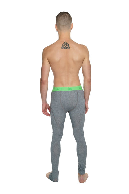 Performance yoga leggings long in steel heather gray with a bright green waistband designed for athletic use