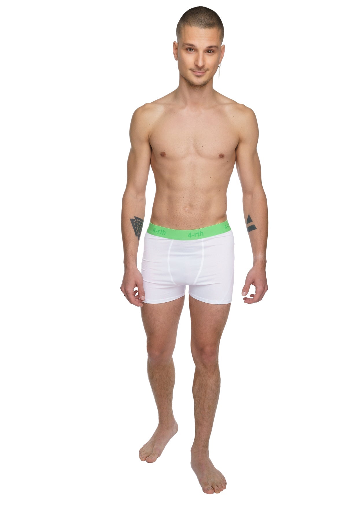 White calvin klein boxer briefs with bright green waistband shown with arctic white performance yoga leggings short