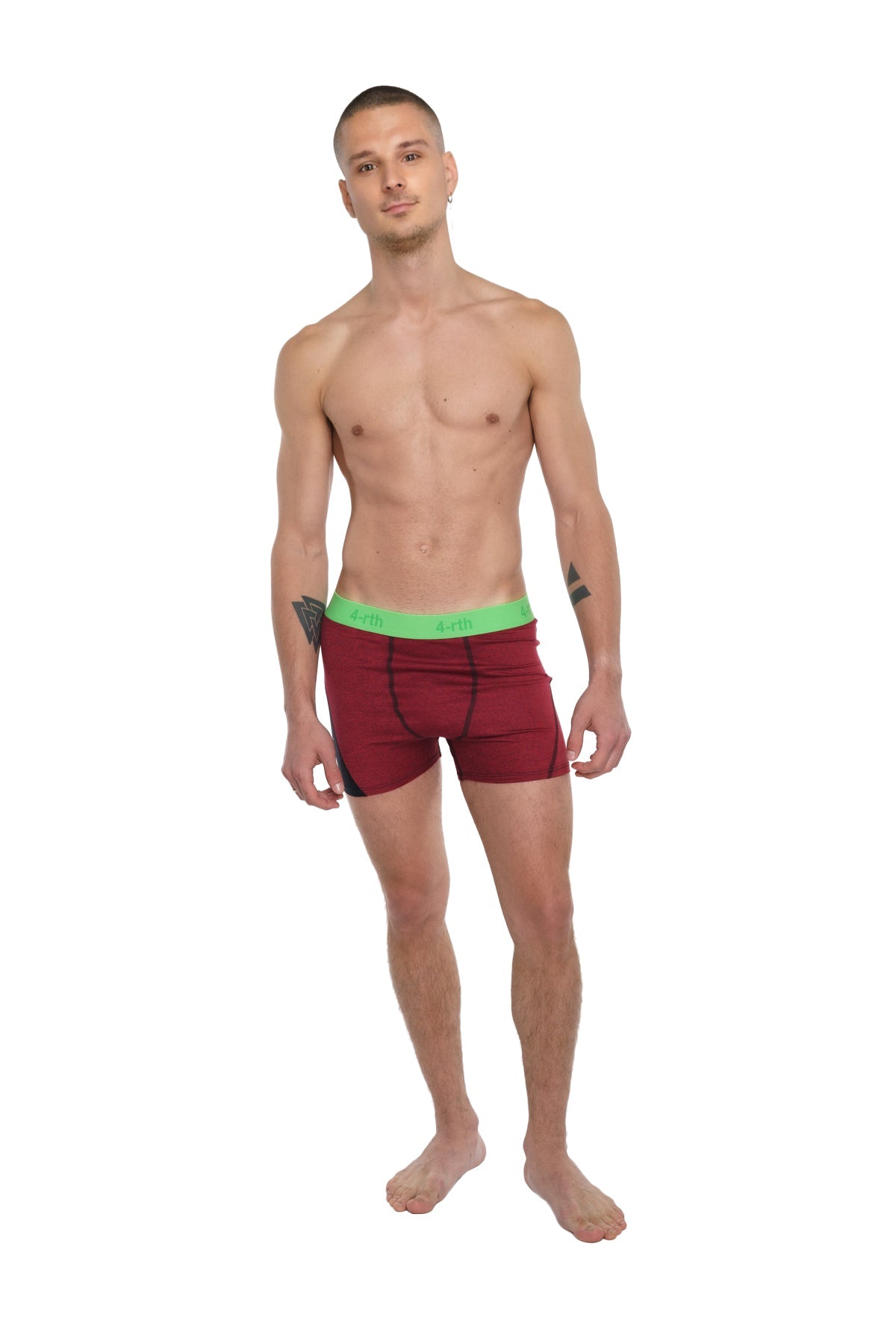 Performance yoga leggings short brick red heather with maroon boxer briefs and bright green elastic waistband visible