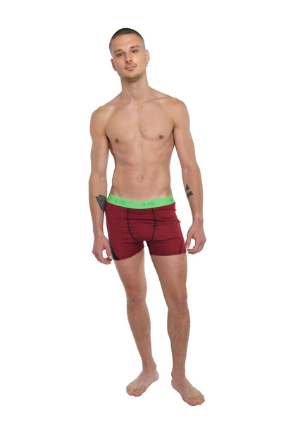 Performance yoga leggings short brick red heather with maroon boxer briefs and bright green elastic waistband visible