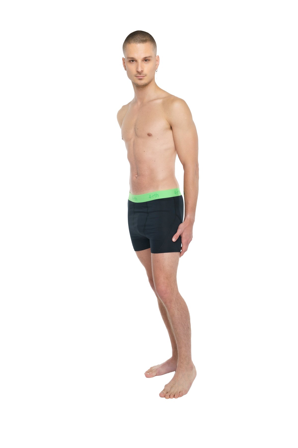 Black briefs with bright green waistband designed for performance yoga in carbon black color
