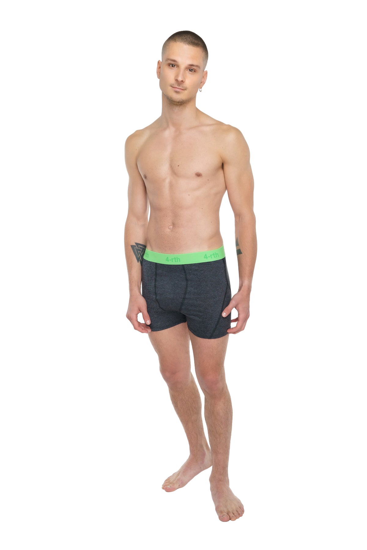 Dark gray boxer briefs with neon green elastic waistband featuring brand logo designed for performance yoga leggings charcoal heather