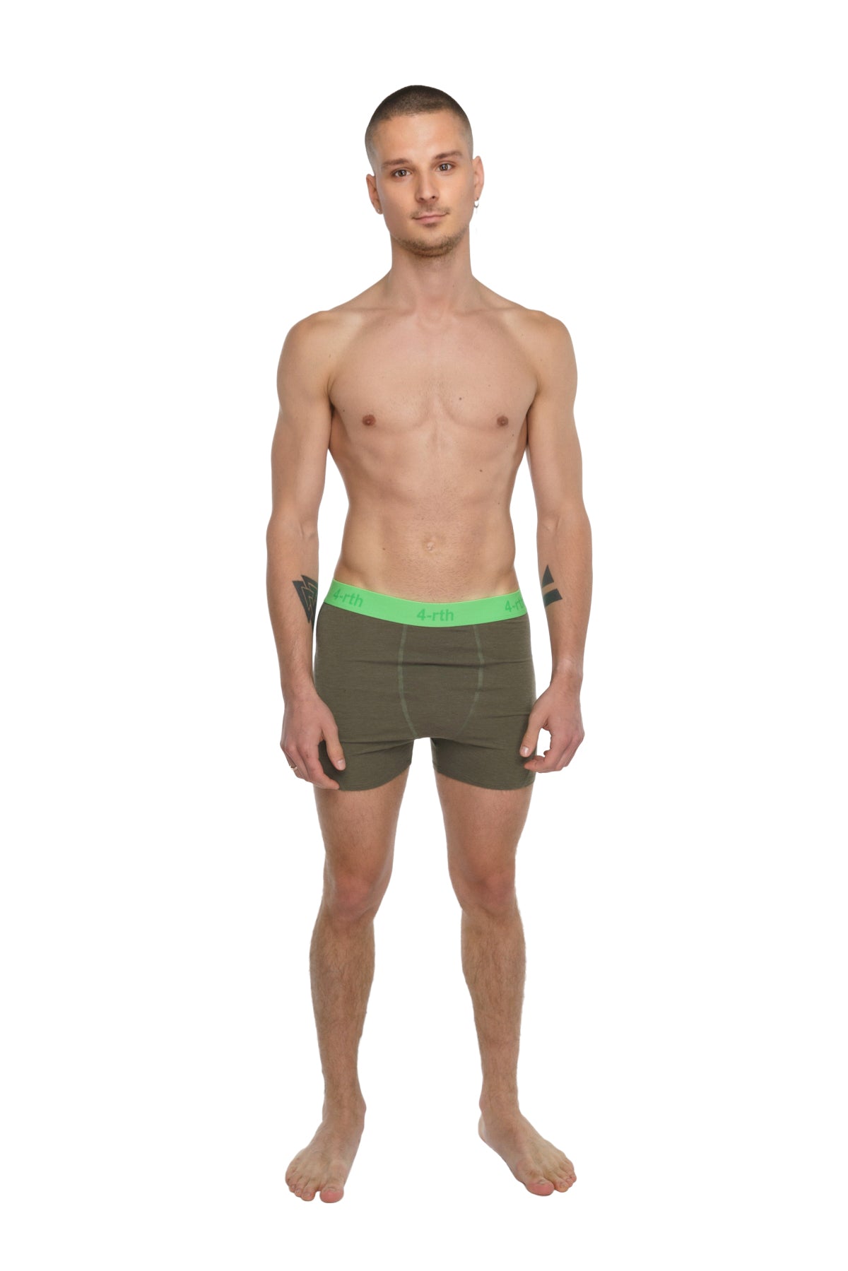 Olive green boxer briefs with bright neon green elastic waistband designed for performance and yoga activities