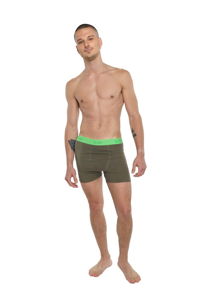 Olive green boxer briefs with bright neon green waistband designed for performance and yoga activities