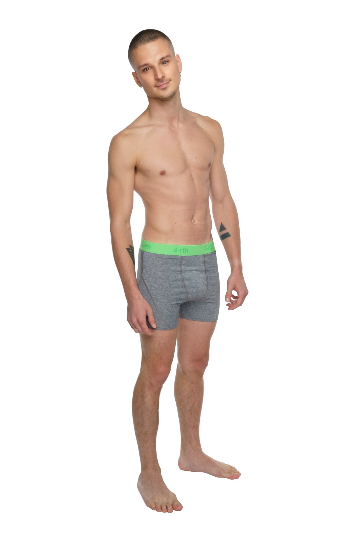 Gray boxer briefs with bright green elastic waistband designed for performance yoga in steel heather fabric