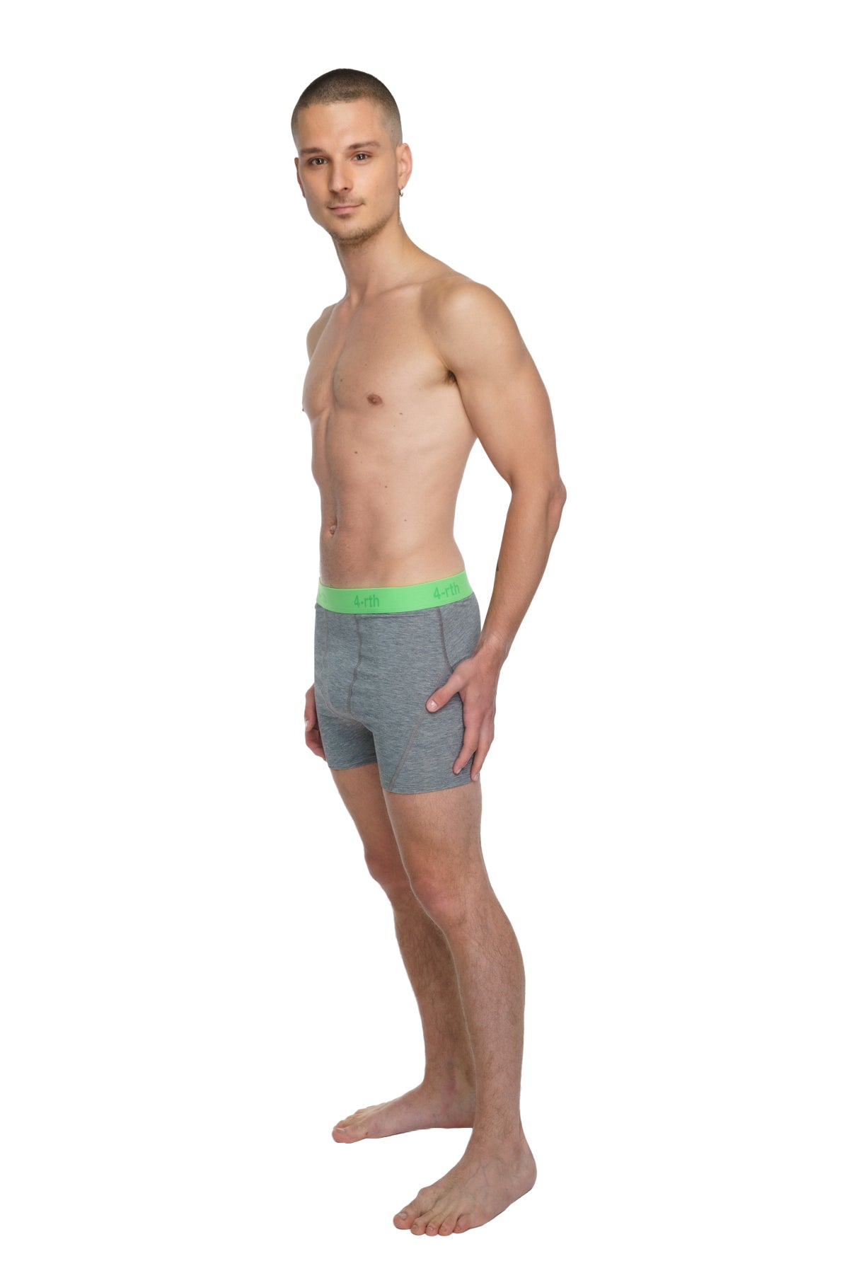 Gray boxer briefs with bright green elastic waistband made from steel heather fabric for performance yoga leggings short