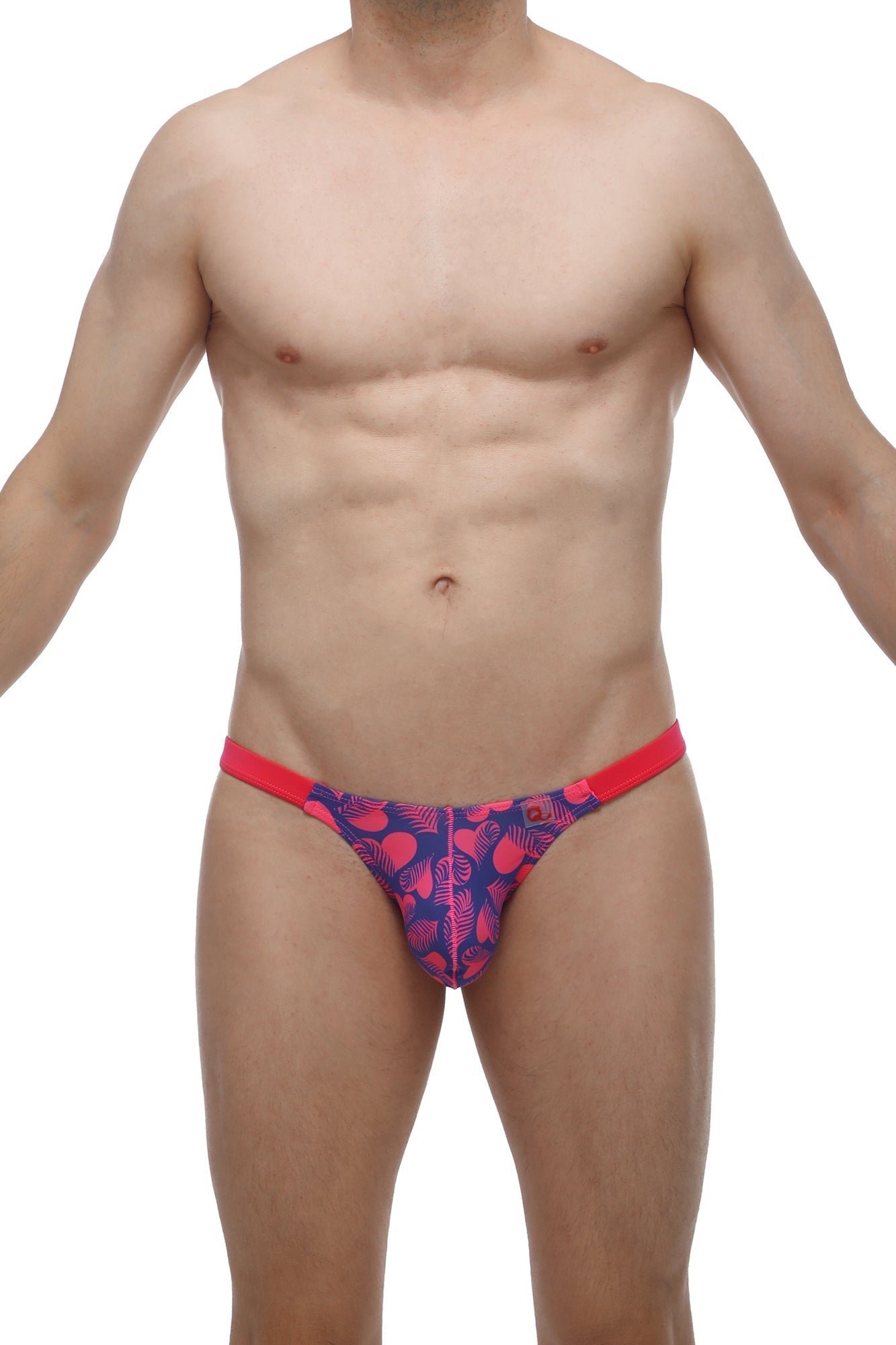 Mens vibrant tropical-patterned petitq bikini bessas briefs with red waistband navy fabric and pink leaf motifs